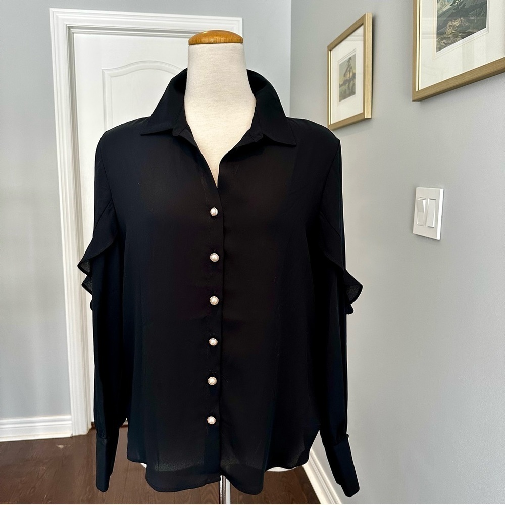 LAURA Black Chiffon Button Down Shirt with Ruffled Sleeves - Size 6